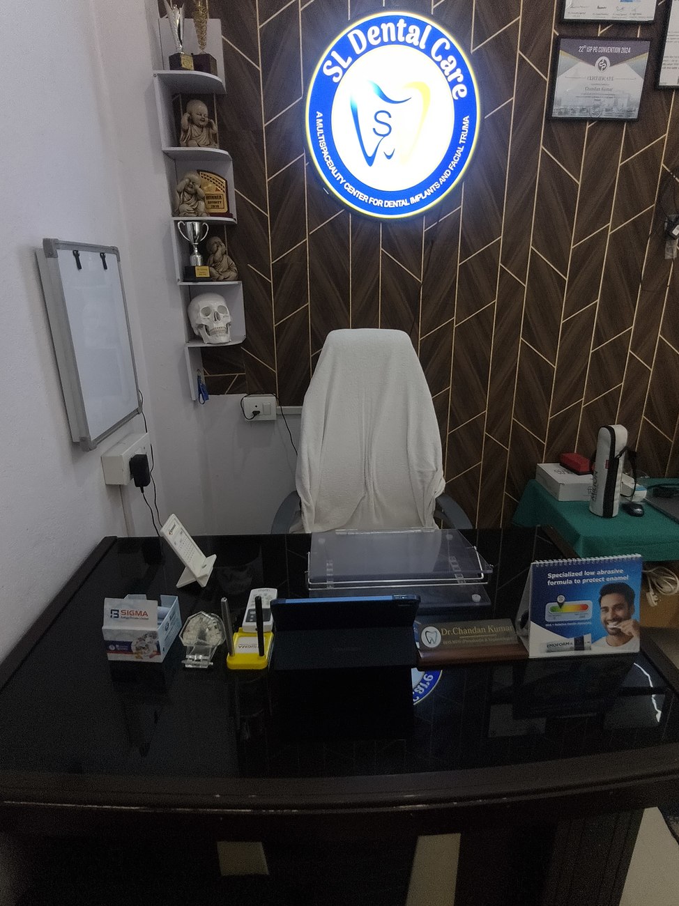 Certificates and awards on display at the clinic